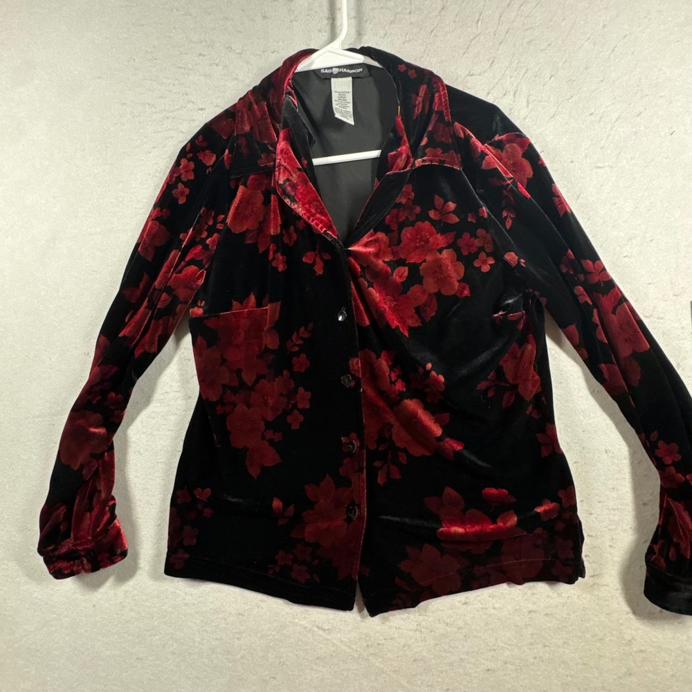 VTG Y2K Button Up Shirt Women Large Black Red Floral Velvet Goth Whimsigoth - Picture 6 of 10
